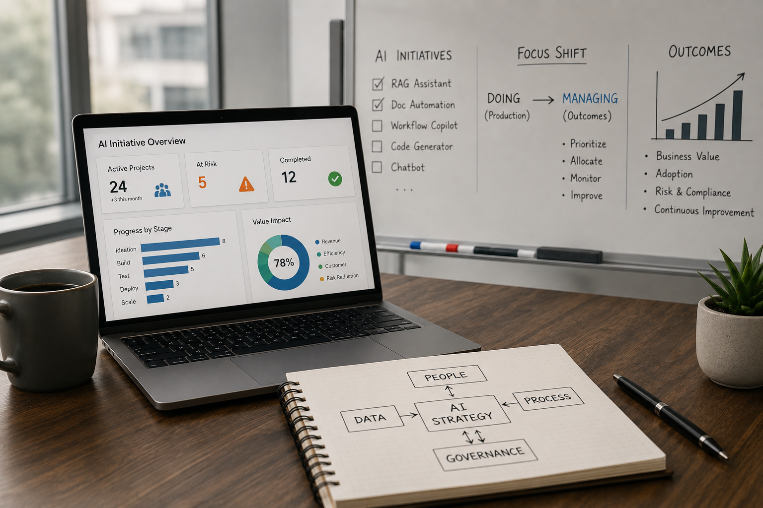 AI initiative dashboard and whiteboard showing a shift from production work toward managing outcomes.