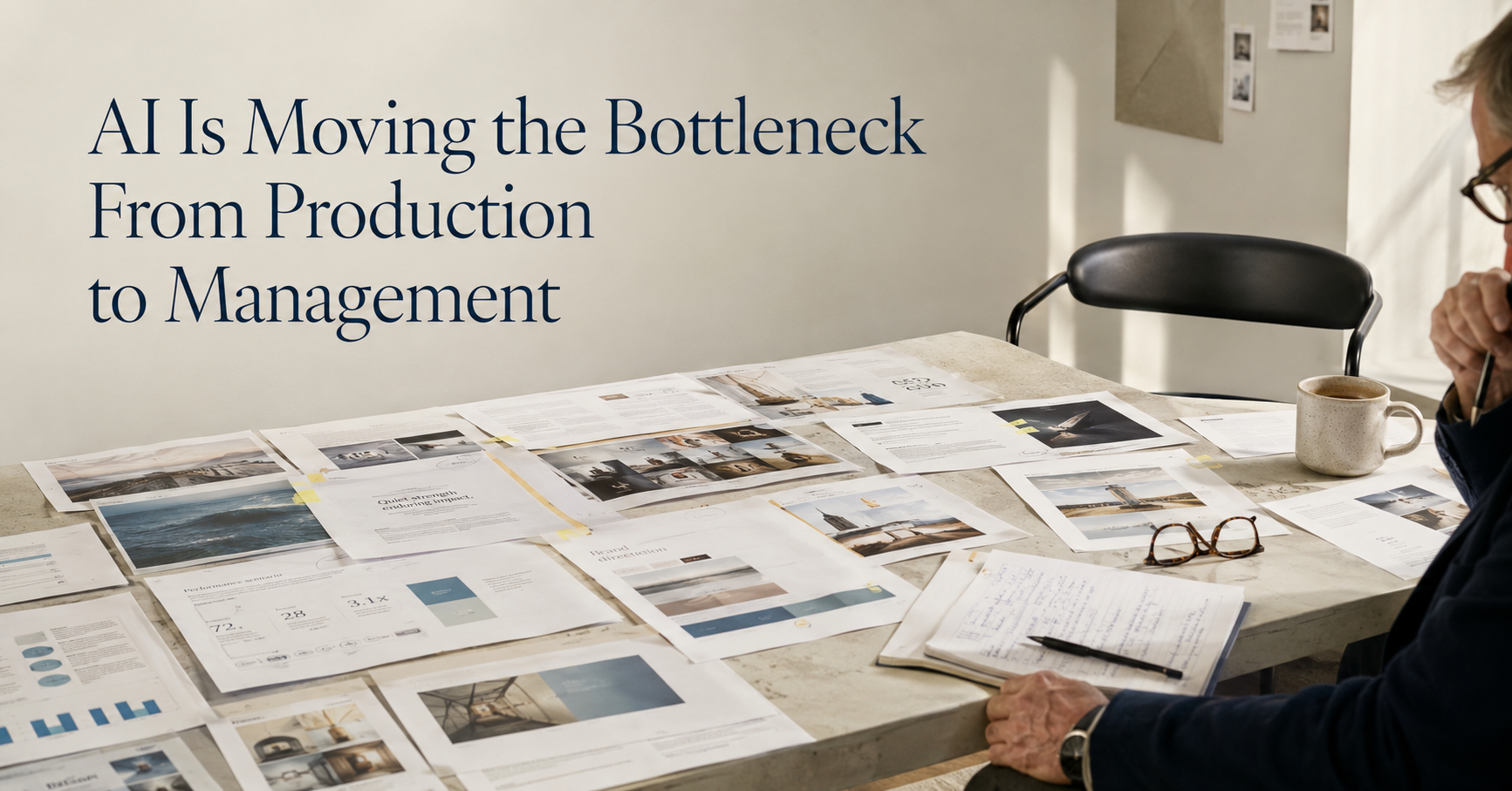 Executive reviewing professional work as AI shifts the bottleneck from production toward managerial judgment.